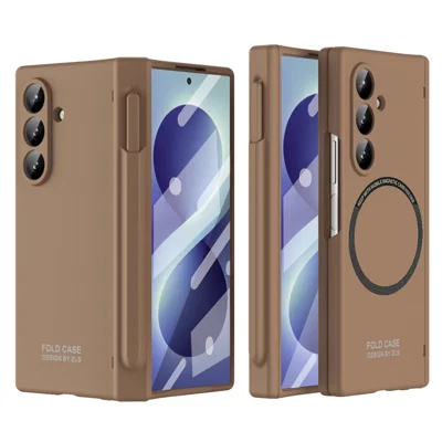 For Samsung Galaxy Z Fold8 Ultra Magnetic Case All-inclusive Shockproof Protective Cover with Tempered Glass Film / Stylus - Caramel