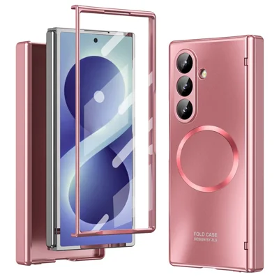 För Samsung Galaxy Z Fold8 Magnetisk Skal Elektropläterad PC Skockämnande Skyddshölje med Härdat Glasfilm - Roséguld
