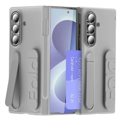 Funda para Samsung Galaxy Z Fold8 con ranura para tarjeta, soporte plegable, correa de muñeca, carcasa rígida de PC con película de vidrio templado / estilográfico - Gris