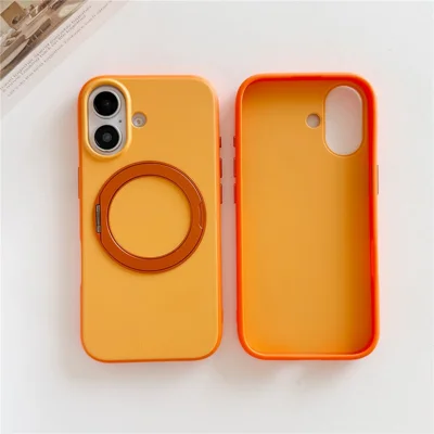 For iPhone 16 Magnetic Case 2-in-1 Dual Color Shockproof Cover with 360° Rotating Ring Kickstand - Orange