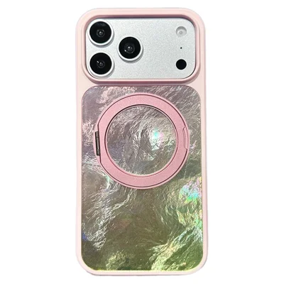 For iPhone 17 Pro Case Magnetic Rotating Kickstand Glacier Texture PC + TPU Phone Cover - Pink Green