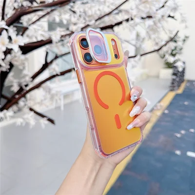 For iPhone 18 Pro Max / 17 Pro Max Magnetic Case Four Corner Drop Protection TPU + Acrylic Gradient Phone Cover with Lens Film Kickstand - Orange