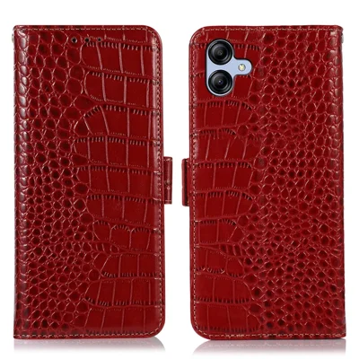 حالة محفظة هاتف قابلة للطي لجهاز Samsung Galaxy A04e 4G / F04 4G / M04 4G مع حماية من التتبع الإلكتروني وملمس تمساح من جلد البقر الأصلي مع حامل ومقاومة للسقوط - أحمر