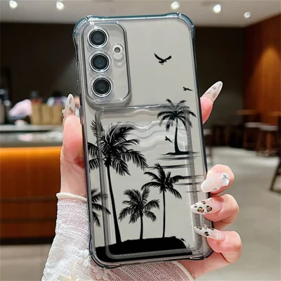 Samsung Galaxy S25 Hoesje met Palmboompatroon Hoekbescherming TPU Transparante Telefoonhoes met Kaarthouder - Grijs / A076 Zeevogels en Palmbomen