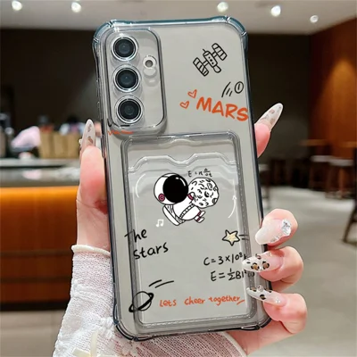 For Samsung Galaxy S25 Case Astronaut Space Cartoon Pattern 4-Corner Shockproof TPU Phone Cover with Card Slot - Light Grey
