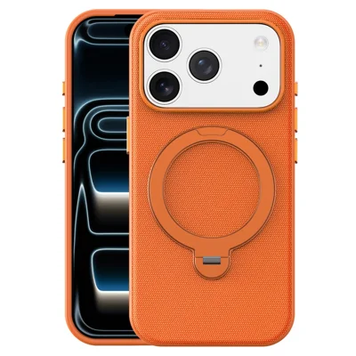 For iPhone 17 Pro Case Magnetic Rotating Kickstand Tech Fabric TPU Protective Cover - Orange