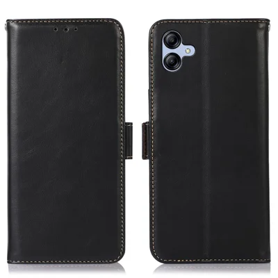 Für Samsung Galaxy A04e 4G / F04 4G / M04 4G Crazy-Horse-Textur RFID-Schutz-Handyhülle aus echtem Rindsleder mit Ständer und Magnetverschluss, Klappbrieftasche – Schwarz