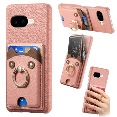 For Google Pixel 10a PU Leather Phone Back Cover with Cute Bear Design Card Holder - Pink