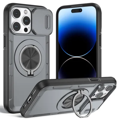 For iPhone 14 Pro Magnetic Case Slide Camera Cover Rotary Kickstand PC + TPU Phone Shell - Grey