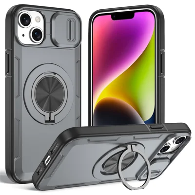 For iPhone 14  /  13 Magnetic Case Slide Camera Cover Rotary Kickstand PC + TPU Phone Shell - Grey