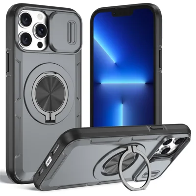 For iPhone 13 Pro Max Magnetic Case Slide Camera Cover Rotary Kickstand PC + TPU Phone Shell - Grey