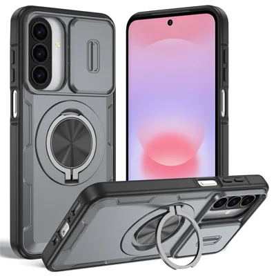For Samsung Galaxy A27 5G  /  A37 5G Magnetic Case Slide Camera Cover Rotary Kickstand PC + TPU Phone Shell - Grey