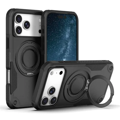 Für iPhone 17 Pro Max Magnetische Hülle Drehbarer Ringständer Stoßfester TPU PC Panzer-Handyhülle - Schwarz
