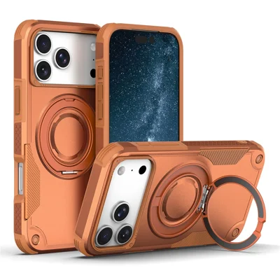 Für iPhone 17 Pro Magnetische Hülle Mit Drehbarem Ringständer Stoßfeste TPU PC Panzer Handyhülle - Orange