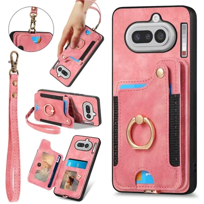 Capa para Telemóvel em Pele Sintética Retro para Nothing Phone (4a) com Suporte para Cartões com Proteção RFID / Suporte de Anel - Rosa