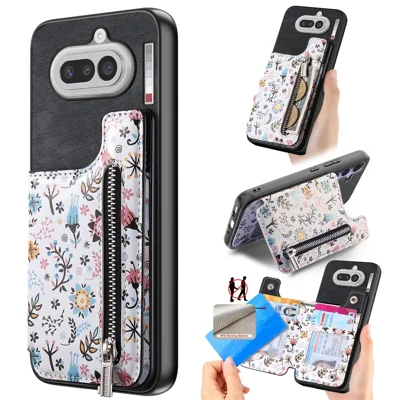 For Nothing Phone (4a) Leather Phone Cover with RFID Blocking Zipper Card Bag Kickstand - Black
