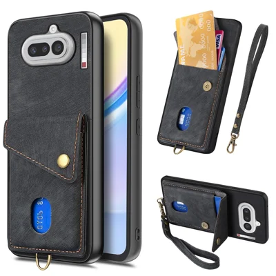 For Nothing Phone (4a) Case with Card Holder Kickstand Leather Phone Back Cover - Black