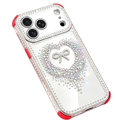 For iPhone 18 Pro / 17 Pro Case Rhinestone Design Heart Bow Aesthetic PC + TPU Corner Protection Phone Cover - Red