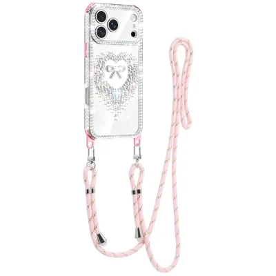 For iPhone 17 Pro Max Case Rhinestone Heart Bow PC + TPU Corner Protection Phone Cover with Long Strap - Orange - Pink