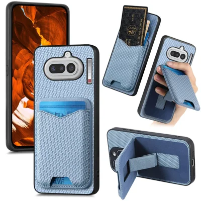 For Nothing Phone (4a) Case Card Holder Kickstand Carbon Fiber Texture Back Cover - Blue
