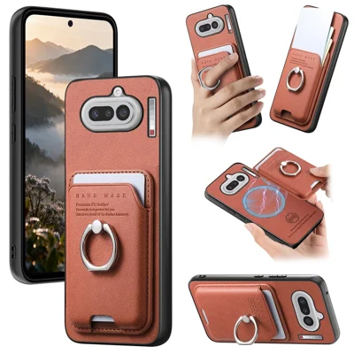 For Nothing Phone (4a) Case Cloth Texture  Leather + PC + TPU Phone Cover with Detachable Magnetic Ring Kickstand Card Holder - Brown