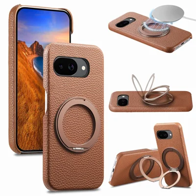For Google Pixel 10a Magnetic Case PC PU Phone Cover with 360 Rotating Ring Kickstand - Brown