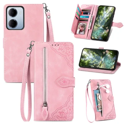 For Xiaomi Redmi 15a 5G Zipper Wallet Case with Strap Flower Imprint PU Leather Phone Cover - Pink
