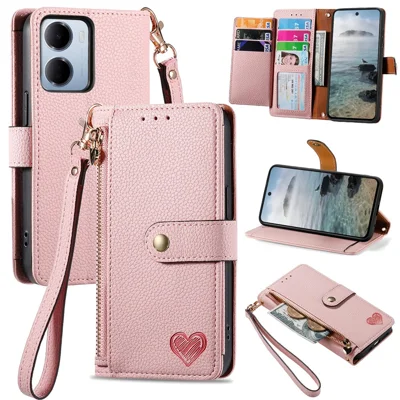 For Xiaomi Redmi 15a 5G Case RFID Blocking Zipper Pocket Leather Wallet Phone Cover with Strap - Pink