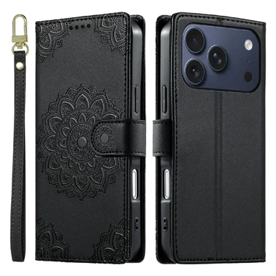 Flip-Case aus Leder mit prägnantem Totem-Muster für iPhone 17 Pro, mit Brieftasche, Ständerfunktion und abnehmbarem Handschlaufe - Schwarz