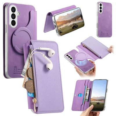 For Samsung Galaxy A57 5G Leather Case Cross Texture Detachable Magnetic Phone Cover Wallet Stand - Purple