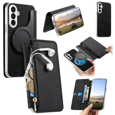 For Samsung Galaxy A27 5G Leather Case Cross Texture Detachable Magnetic Phone Cover Wallet Stand - Black