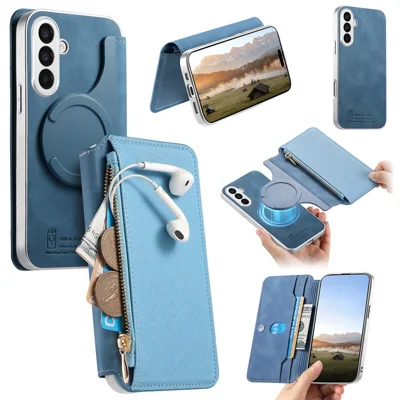 For Samsung Galaxy A18 5G / A18 4G / A17 5G / A17 4G Leather Case Cross Texture Detachable Magnetic Phone Cover Wallet Stand - Blue