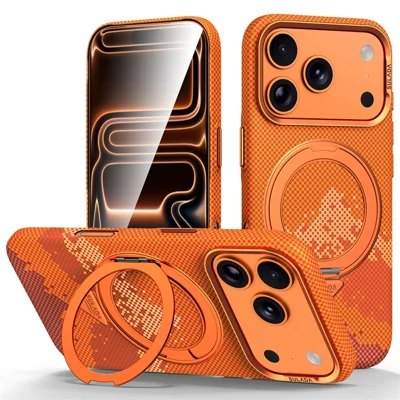 SULADA لجهاز iPhone 17 Pro غطاء مغناطيسي بحامل حلقي دوار 360° بتصميم جبلي ذهبي غطاء هاتف رفيع من مادة البولي كربونات - برتقالي