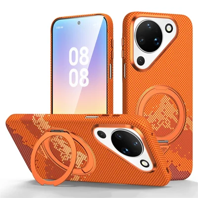 SULADA for Huawei Pura 90 Magnetic Case 360° Rotating Ring Kickstand Golden Mountain Pattern PC Slim Phone Cover - Orange