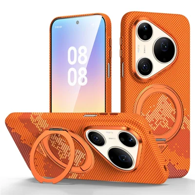 SULADA for Huawei Pura 90 Pro Magnetic Case 360° Rotating Ring Kickstand Golden Mountain Pattern PC Slim Phone Cover - Orange