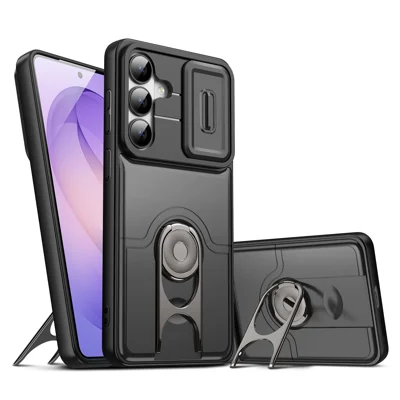 Samsung Galaxy S26 hoesje met schuifbaar cameradeksel en standaard PC + TPU beschermhoes - Rood - Zwart