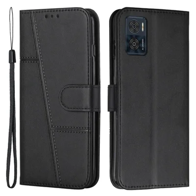 For Motorola Moto E22 4G / E22i 4G Shockproof Phone Case Stitching Lines PU Leather + TPU Stand Wallet Cover with Strap - Black