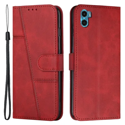 Voor Motorola Moto E22s 4G / E32 (India) 4G Steeknaden Stand Hoofdtelefoonhoes PU Leer Volledige Bescherming Portemonnee Folio Flip Cover met Bandje - Rood
