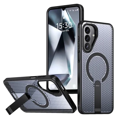 For Samsung Galaxy A27 5G Magnetic Case Kickstand Grid Texture TPU PC Phone Back Cover - Black