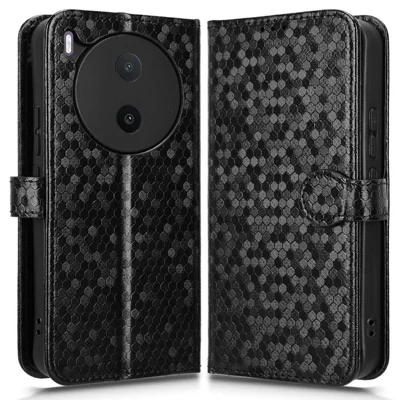 For vivo Y600 Pro 5G Wallet Case Dot Pattern Imprint PU Leather Phone Cover with Wrist Strap - Black