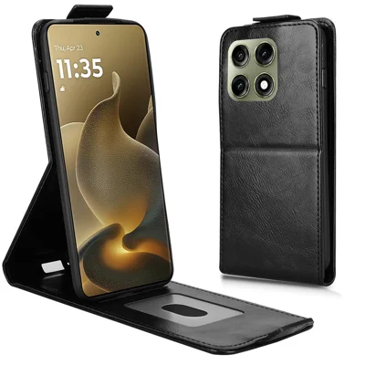 Etui z podstawką do Motorola Edge 70 Pro 5G, etui skórzane z zatrzaskiem magnetycznym, pionowe, z uchwytem na kartę - Czarny