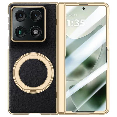 Магнитный чехол для Motorola Razr Fold 5G с закалённым стеклом, поворотным металлическим кольцом на 360°, чехол из искусственной кожи + поликарбонат + акрил - чёрный