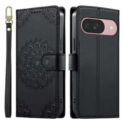 For Google Pixel 9  /  9 Pro  /  10  /  10 Pro Case Embossed Totem Leather Flip Wallet Phone Cover with Wrist Strap - Black