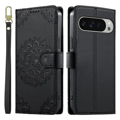 For Google Pixel 9 Pro XL  /  10 Pro XL Case Embossed Totem Leather Flip Wallet Phone Cover with Wrist Strap - Black