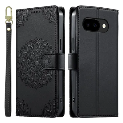 For Google Pixel 9a Case Embossed Totem Leather Flip Wallet Phone Cover with Wrist Strap - Black
