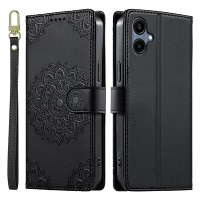 For Samsung Galaxy A08 5G / A08 4G / A07 5G / A06 5G / A06 4G Case Embossed Totem Leather Flip Wallet Phone Cover with Wrist Strap - Black