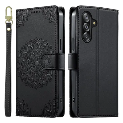 For Samsung Galaxy A18 5G / A18 4G / A17 5G / A17 4G / A26 5G / A16 5G / A16 4G Case Embossed Totem Leather Flip Wallet Phone Cover with Wrist Strap - Black
