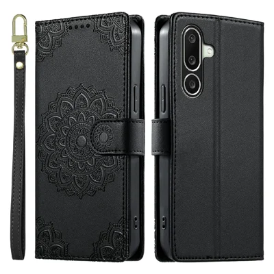 Voor Samsung Galaxy A27 Hoes Ingelegd Totem Leer Flip Portemonnee Telefoonhoesje met Polsbandje - Zwart