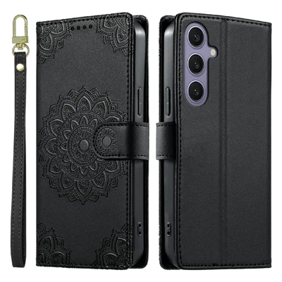 For Samsung Galaxy S24  /  S25 Case Embossed Totem Leather Flip Wallet Phone Cover with Wrist Strap - Black