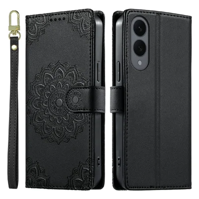For Samsung Galaxy S25 Edge Case Embossed Totem Leather Flip Wallet Phone Cover with Wrist Strap - Black